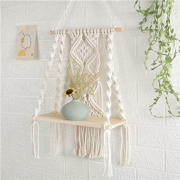 Macrame Wall Hanging Plant Decor Shelf Indoor Outdoor Floating Wood shelve - Picture 6 of 7